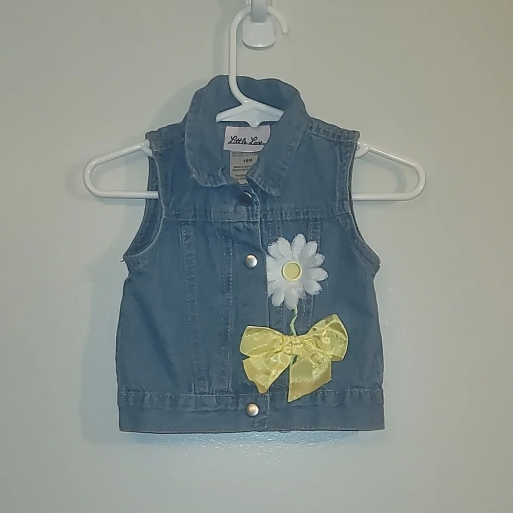 Little Lass Blue Denim Vest Daisy And Yellow Bow Embroidery Snap Buttons LOT-H